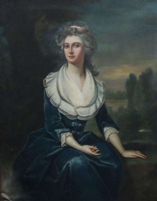 Attributed to Bartholomew Dandridge (1691-1755) Portrait of a lady, standing in a landscape 50 x 40in.